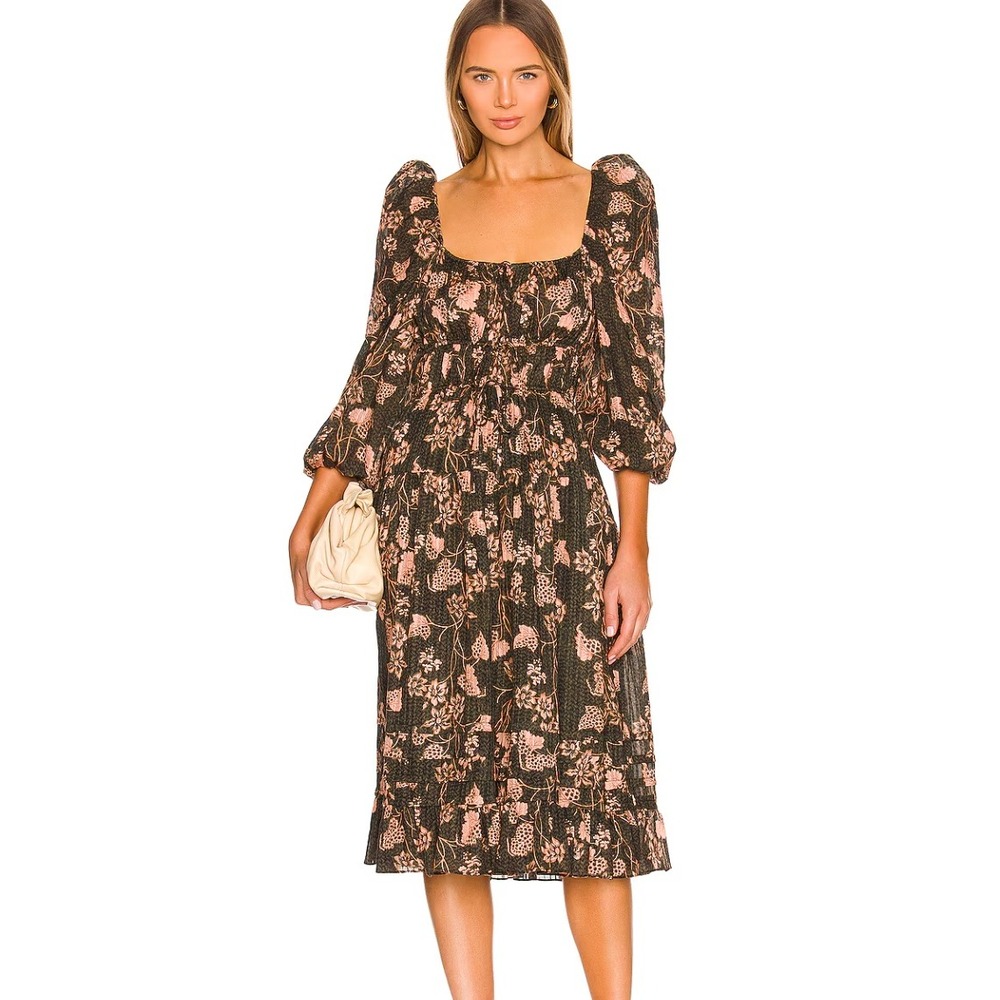 Ulla Johnson Isla Dress Womens 4 Green Floral Tiered Puff Sleeve Boho Prairie